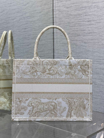 CD Medium Dior Book Tote Tiger Motif White Beige Cotton