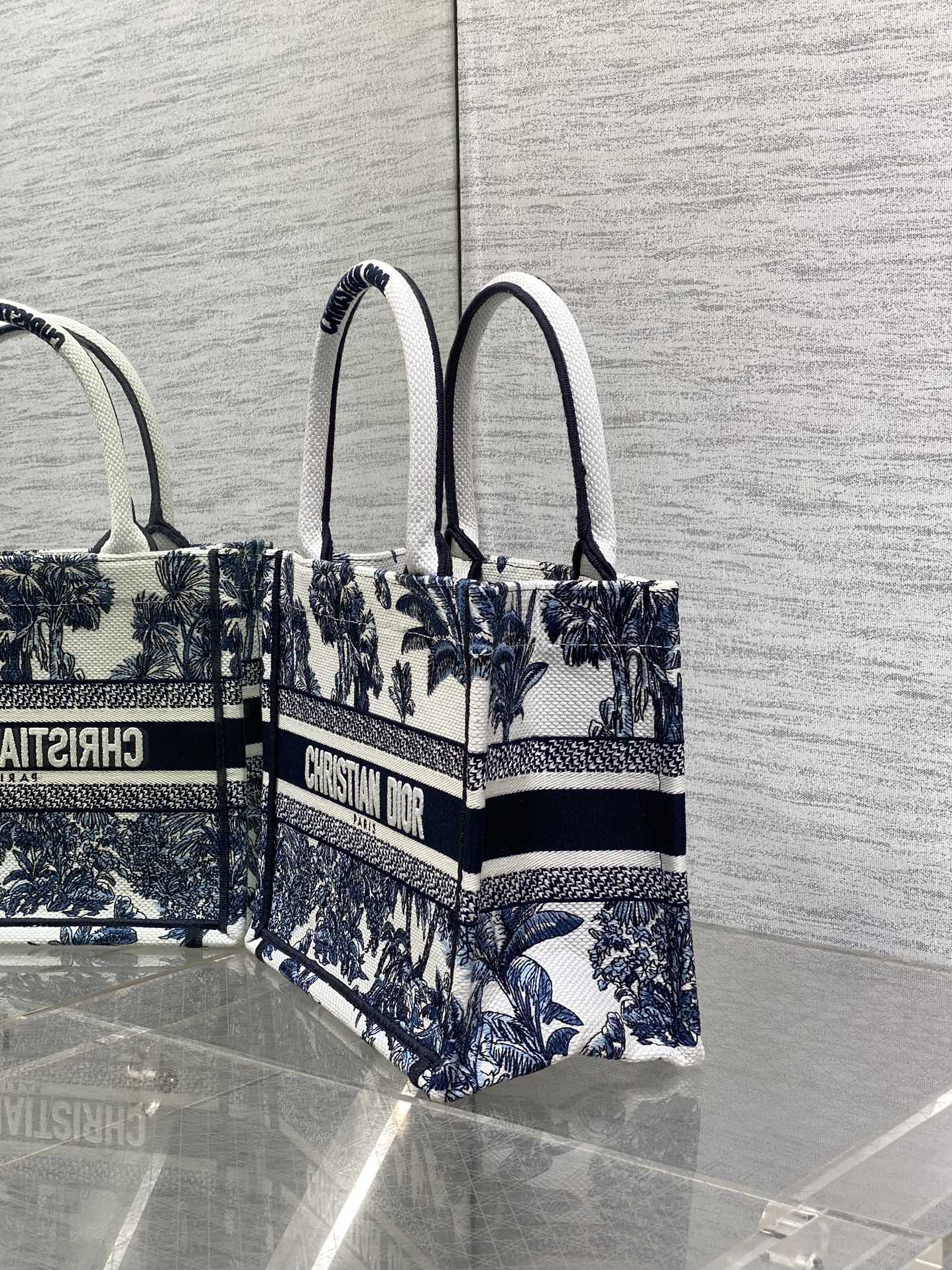 CD Small Dior Book Tote Tropical Pattern Slate Blue White Black Cotton