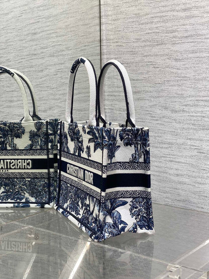CD Small Dior Book Tote Tropical Pattern Slate Blue White Black Cotton