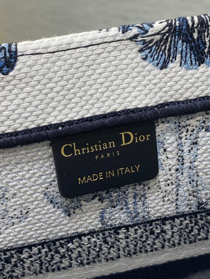 CD Small Dior Book Tote Tropical Pattern Slate Blue White Black Cotton