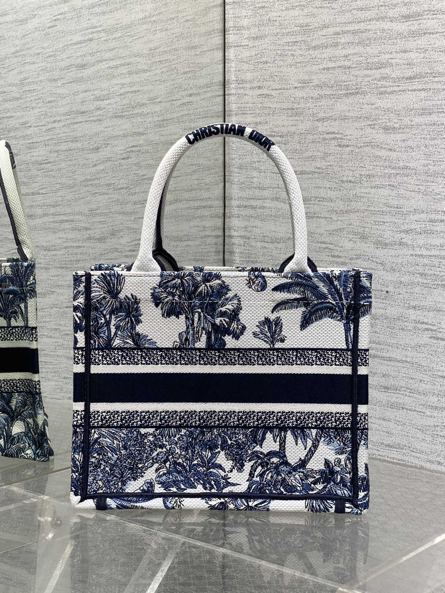 CD Small Dior Book Tote Tropical Pattern Slate Blue White Black Cotton
