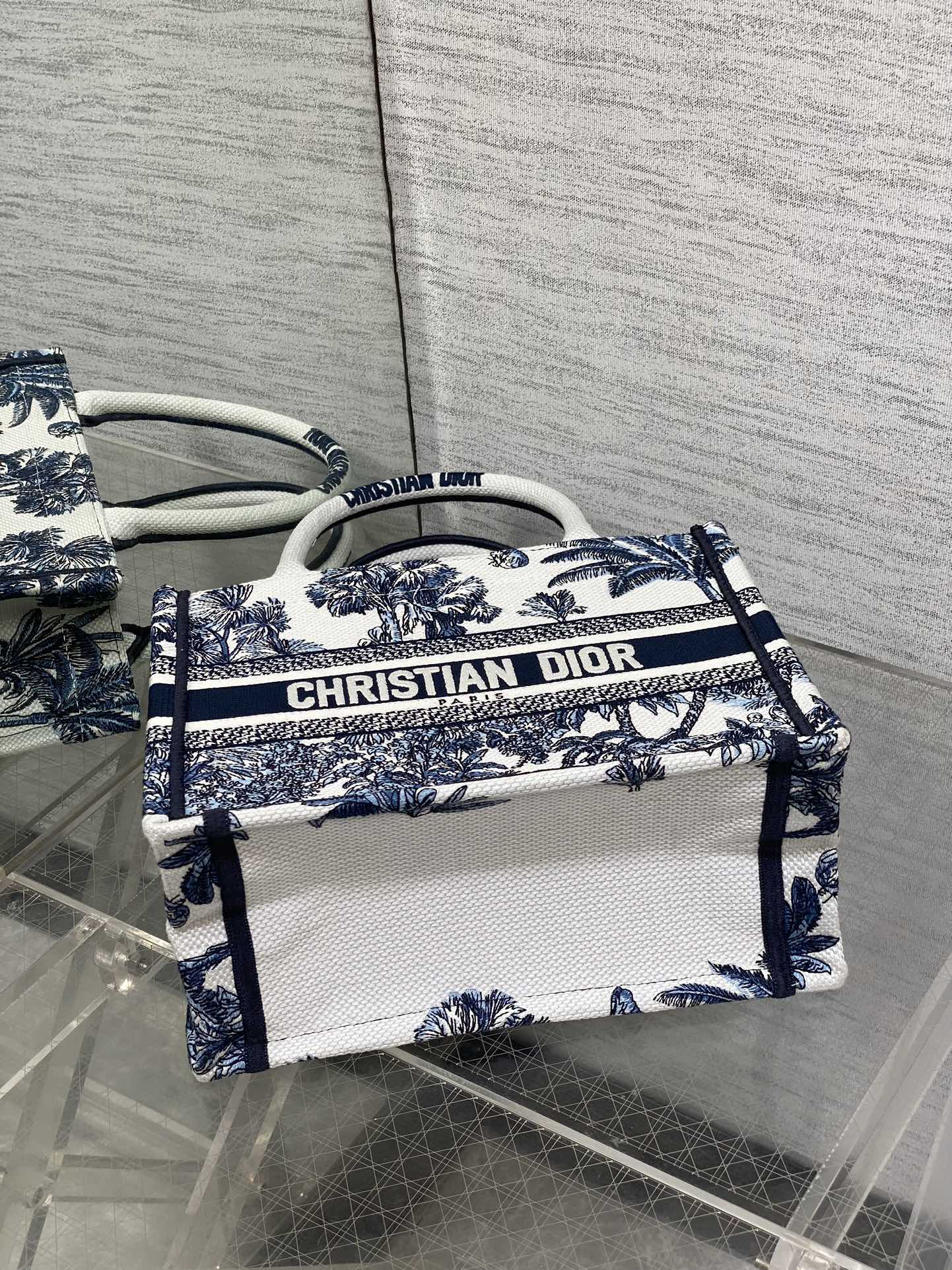 CD Small Dior Book Tote Tropical Pattern Slate Blue White Black Cotton