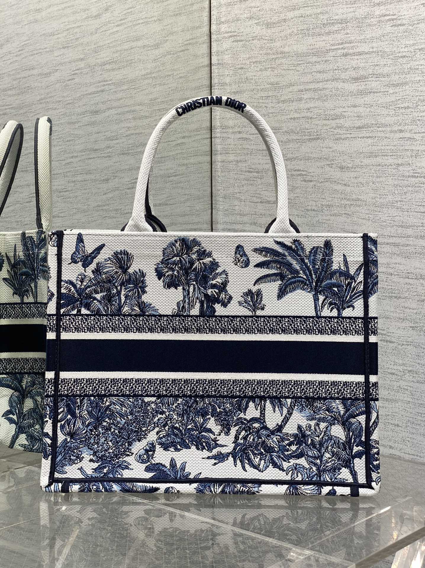 CD Medium Dior Book Tote Tropical Pattern Slate Blue White Black Cotton