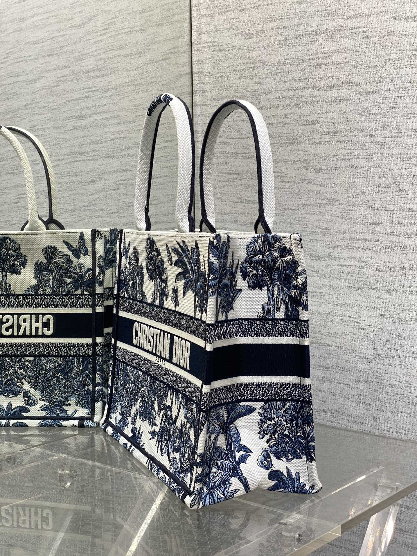 CD Medium Dior Book Tote Tropical Pattern Slate Blue White Black Cotton
