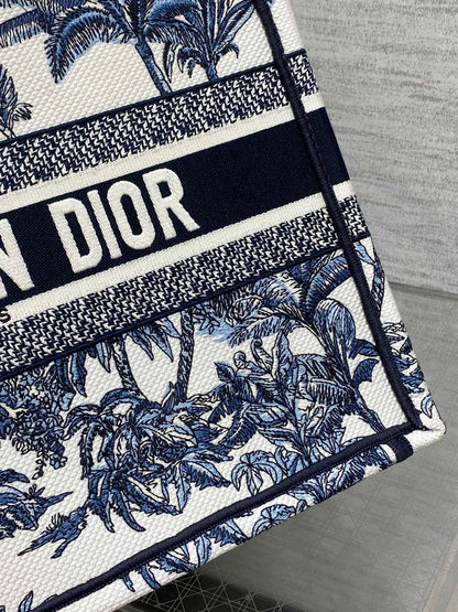 CD Medium Dior Book Tote Tropical Pattern Slate Blue White Black Cotton