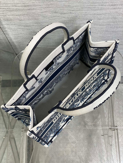CD Medium Dior Book Tote Tropical Pattern Slate Blue White Black Cotton