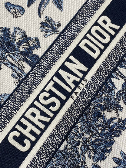 CD Medium Dior Book Tote Tropical Pattern Slate Blue White Black Cotton