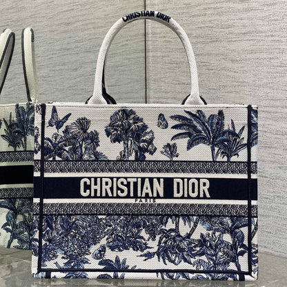 CD Medium Dior Book Tote Tropical Pattern Slate Blue White Black Cotton