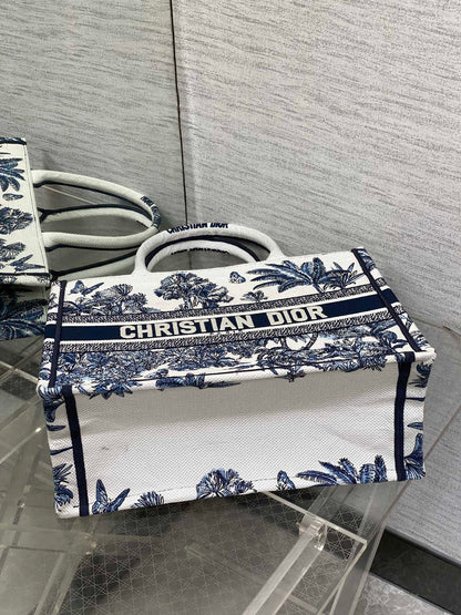 CD Medium Dior Book Tote Tropical Pattern Slate Blue White Black Cotton