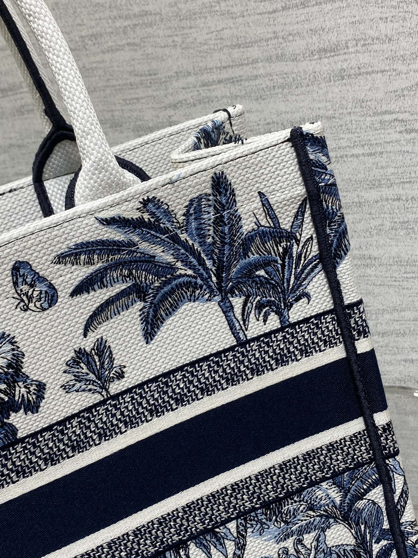 CD Medium Dior Book Tote Tropical Pattern Slate Blue White Black Cotton