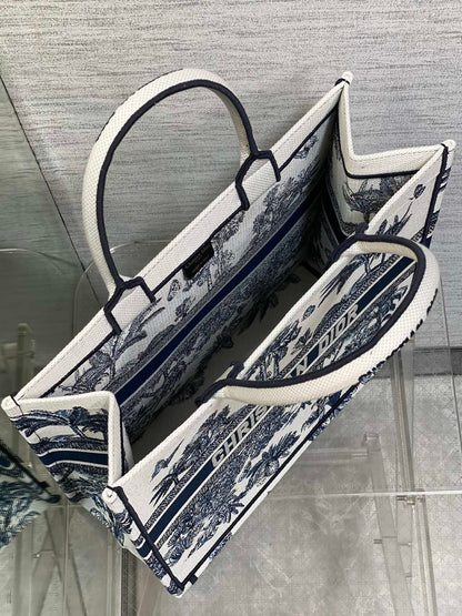 CD Larger Dior Book Tote Tropical Pattern Slate Blue White Black Cotton