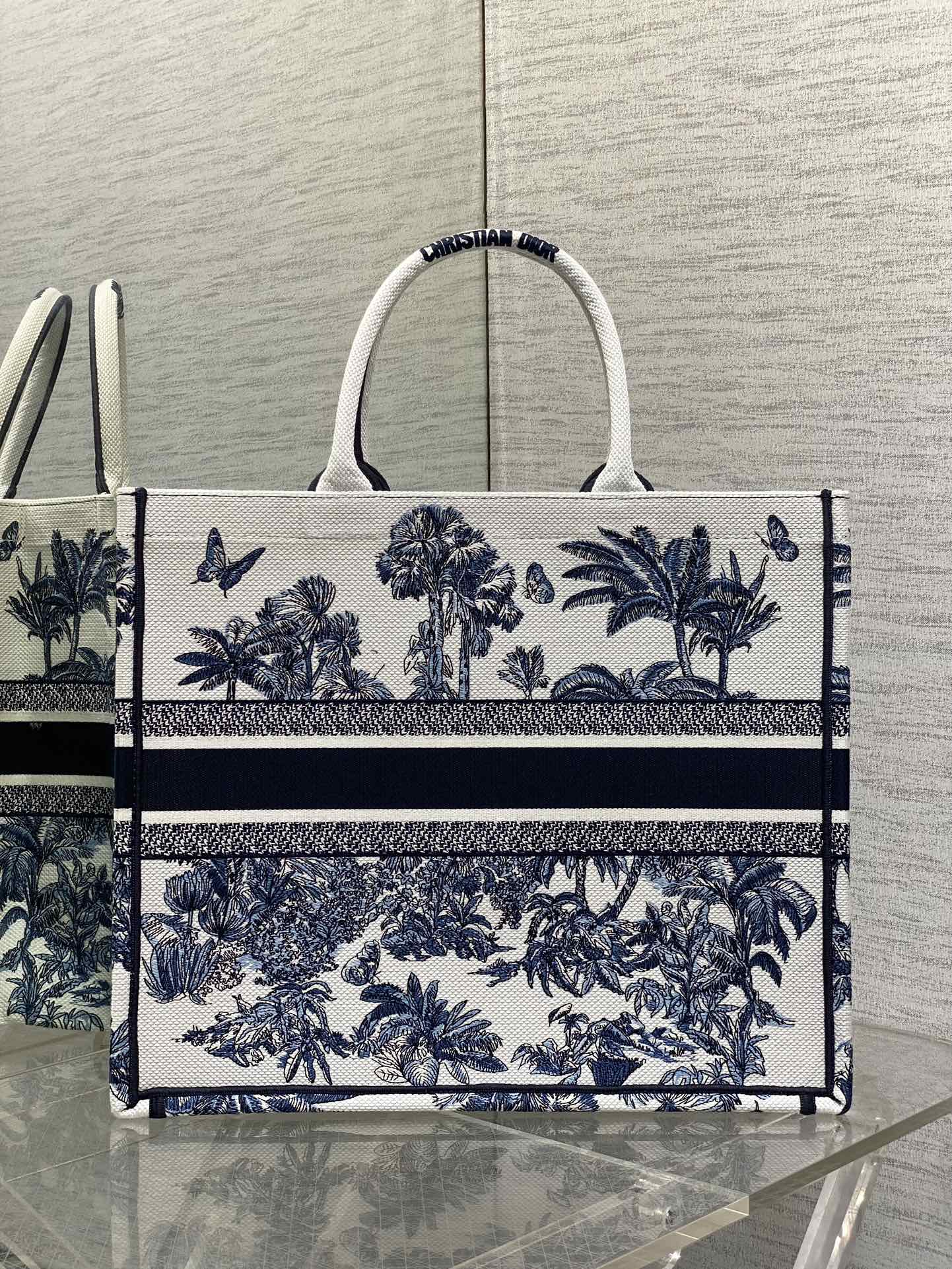 CD Larger Dior Book Tote Tropical Pattern Slate Blue White Black Cotton