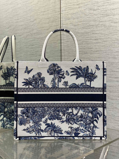 CD Larger Dior Book Tote Tropical Pattern Slate Blue White Black Cotton