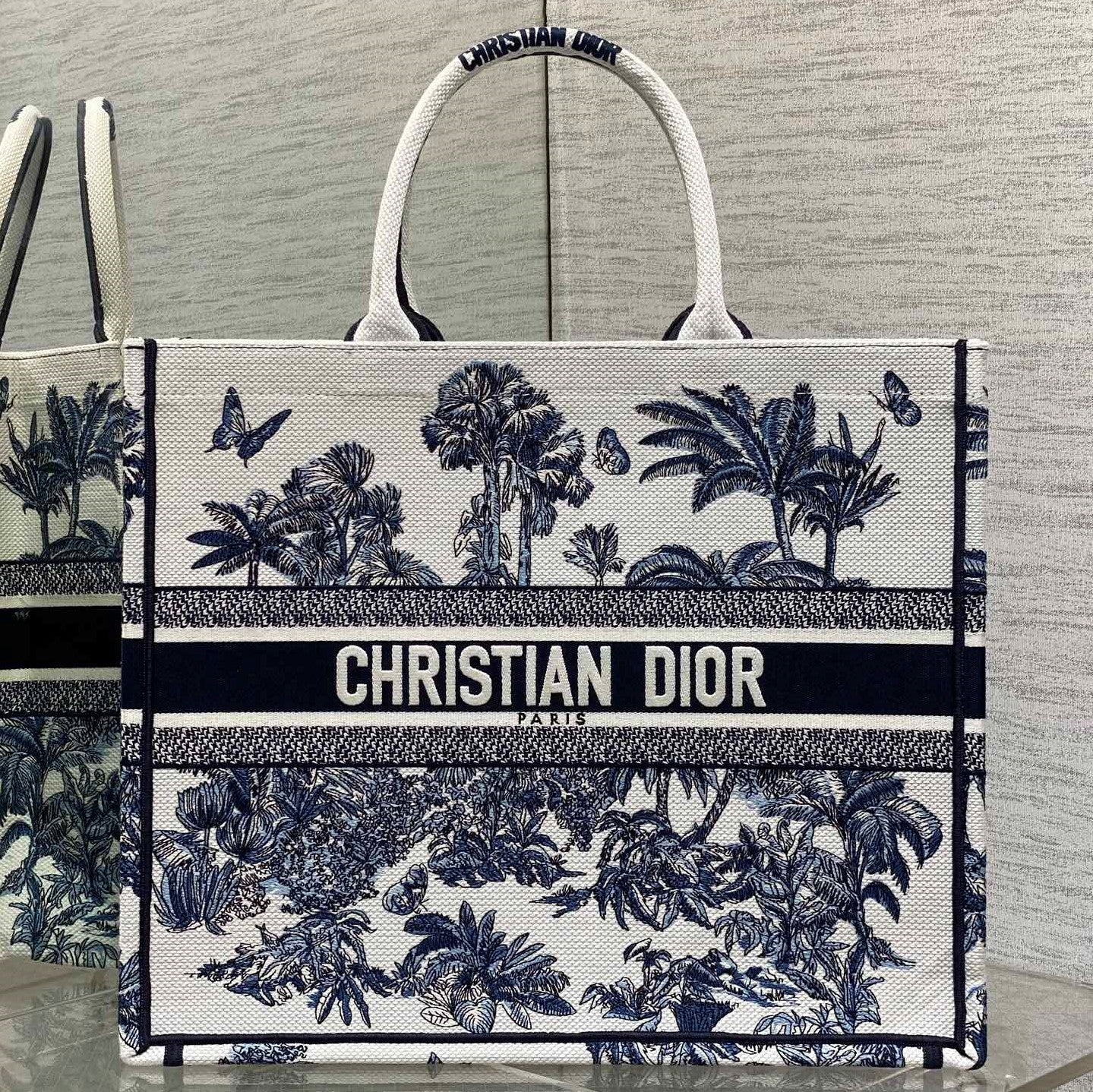 CD Larger Dior Book Tote Tropical Pattern Slate Blue White Black Cotton