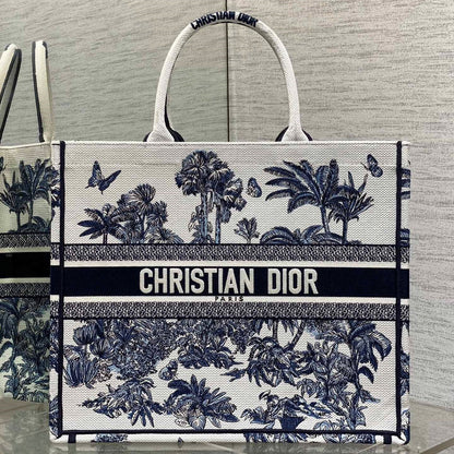 CD Larger Dior Book Tote Tropical Pattern Slate Blue White Black Cotton