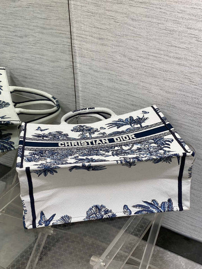 CD Larger Dior Book Tote Tropical Pattern Slate Blue White Black Cotton