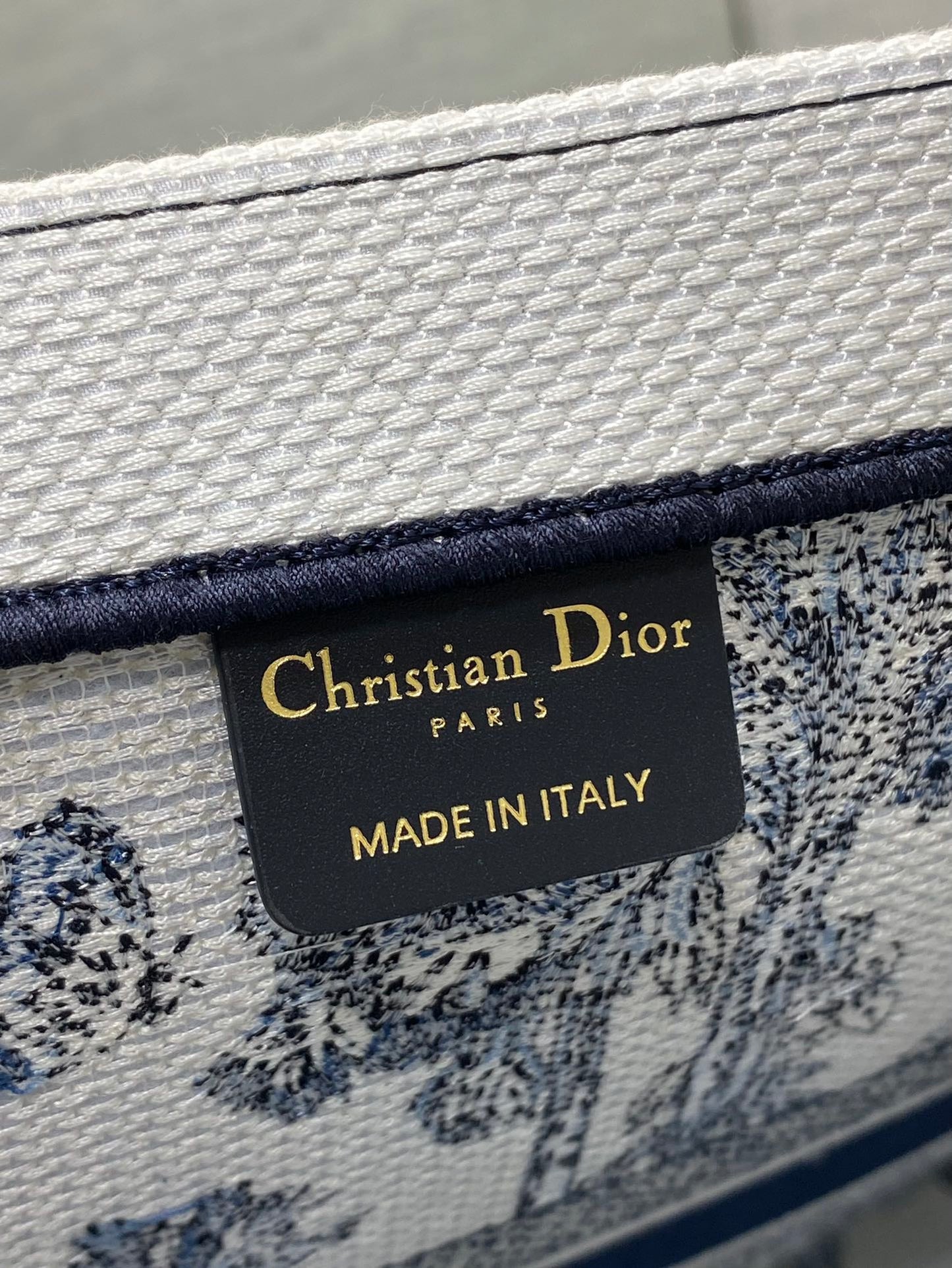 CD Larger Dior Book Tote Tropical Pattern Slate Blue White Black Cotton