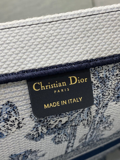 CD Larger Dior Book Tote Tropical Pattern Slate Blue White Black Cotton