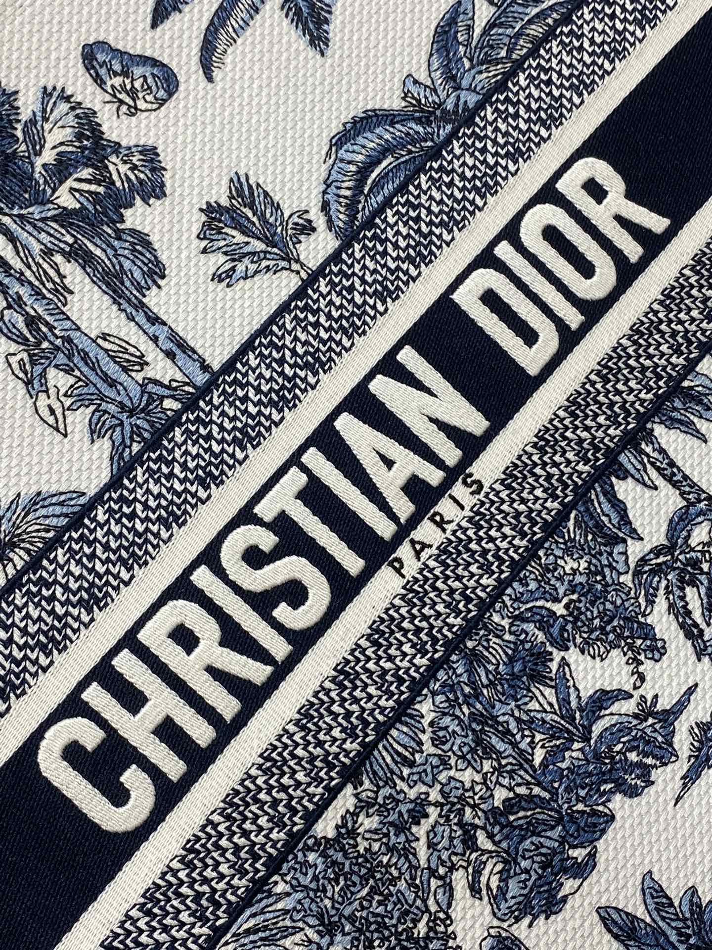 CD Larger Dior Book Tote Tropical Pattern Slate Blue White Black Cotton