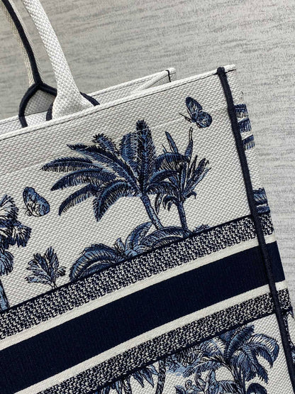 CD Larger Dior Book Tote Tropical Pattern Slate Blue White Black Cotton