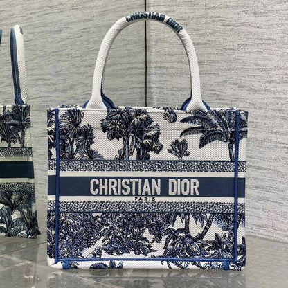 CD Small Dior Book Tote Tropical Pattern Slate Blue White Cotton