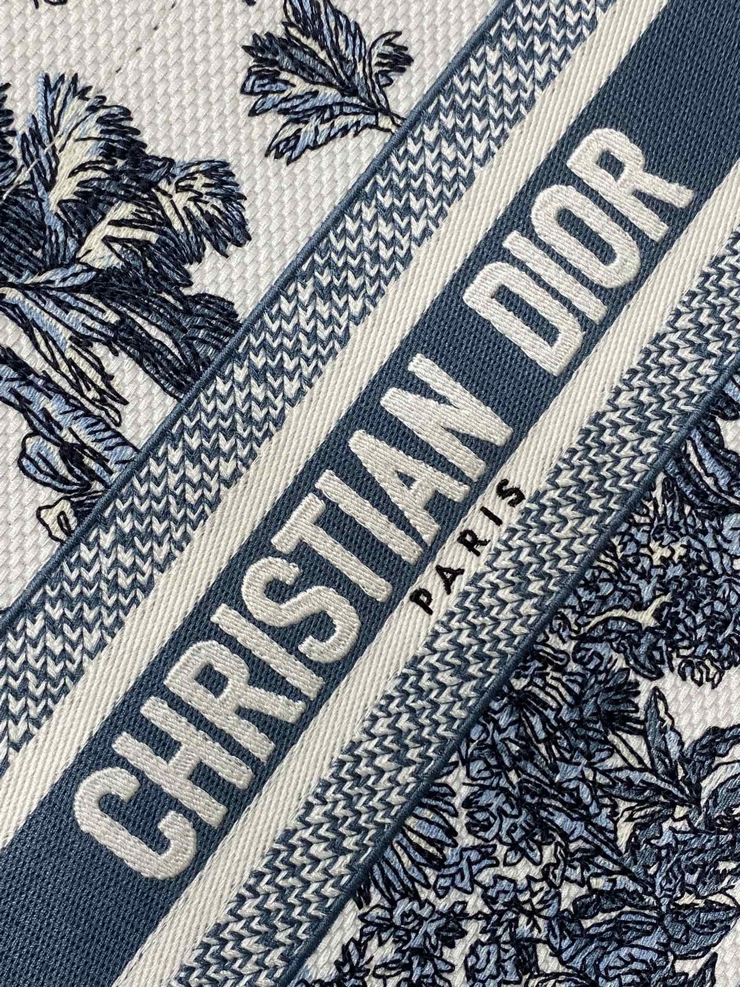 CD Small Dior Book Tote Tropical Pattern Slate Blue White Cotton