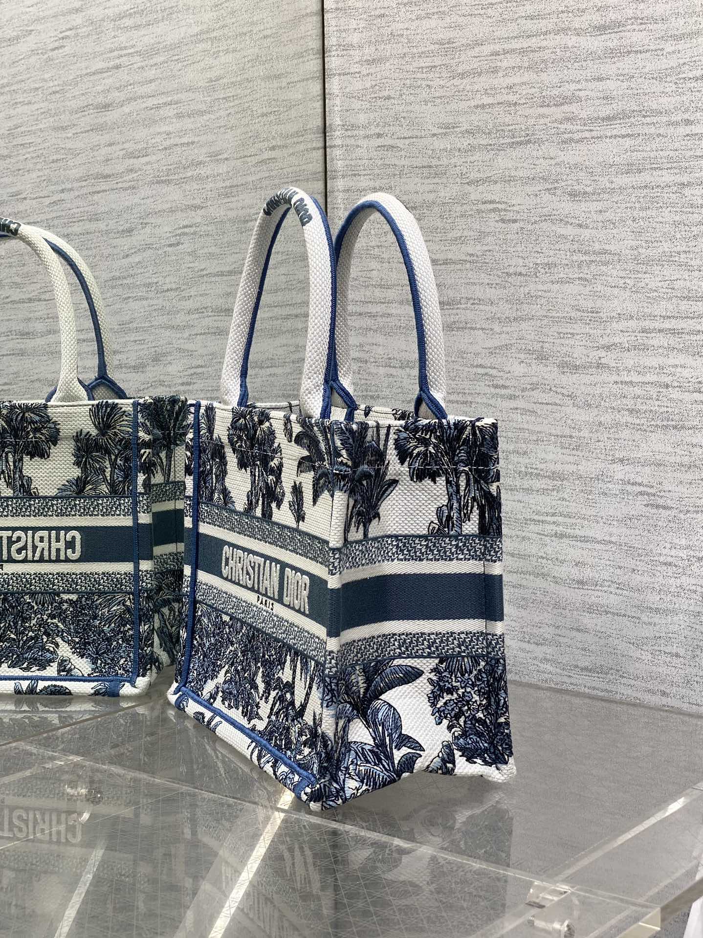 CD Small Dior Book Tote Tropical Pattern Slate Blue White Cotton