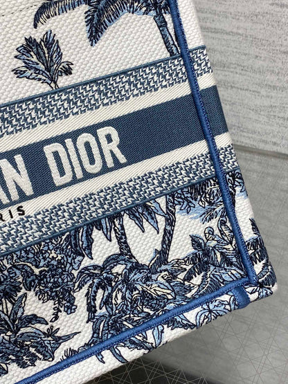 CD Small Dior Book Tote Tropical Pattern Slate Blue White Cotton