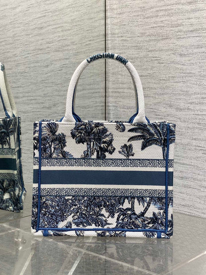 CD Small Dior Book Tote Tropical Pattern Slate Blue White Cotton