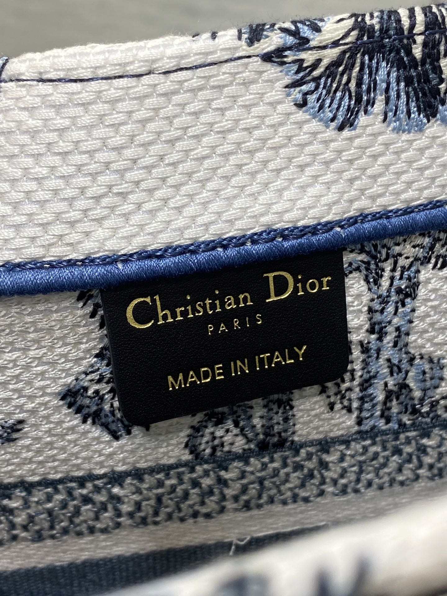 CD Small Dior Book Tote Tropical Pattern Slate Blue White Cotton