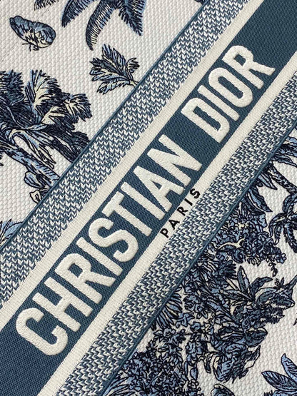 CD Medium Dior Book Tote Tropical Pattern Slate Blue White Cotton