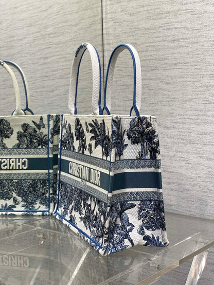 CD Medium Dior Book Tote Tropical Pattern Slate Blue White Cotton