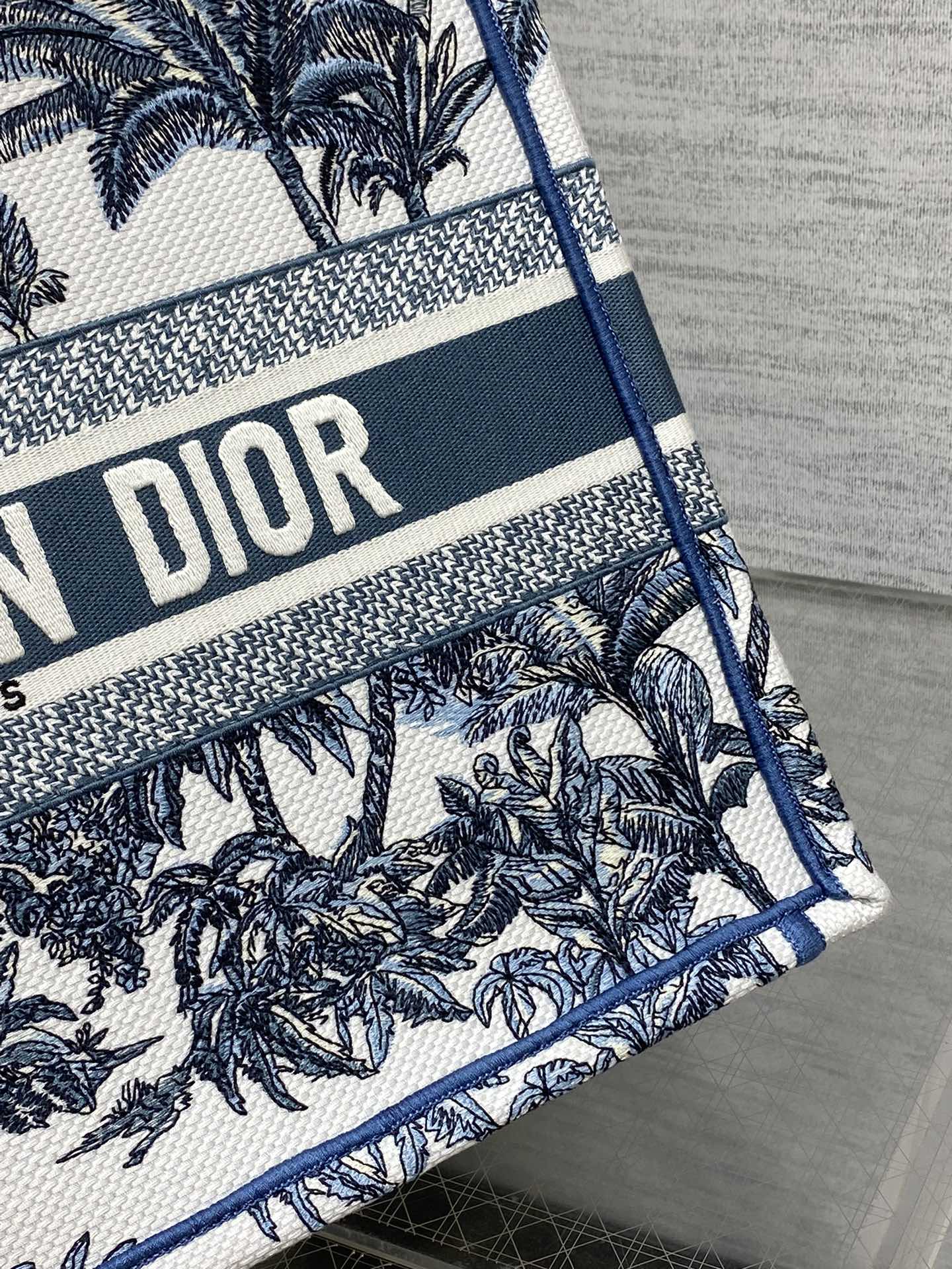 CD Medium Dior Book Tote Tropical Pattern Slate Blue White Cotton