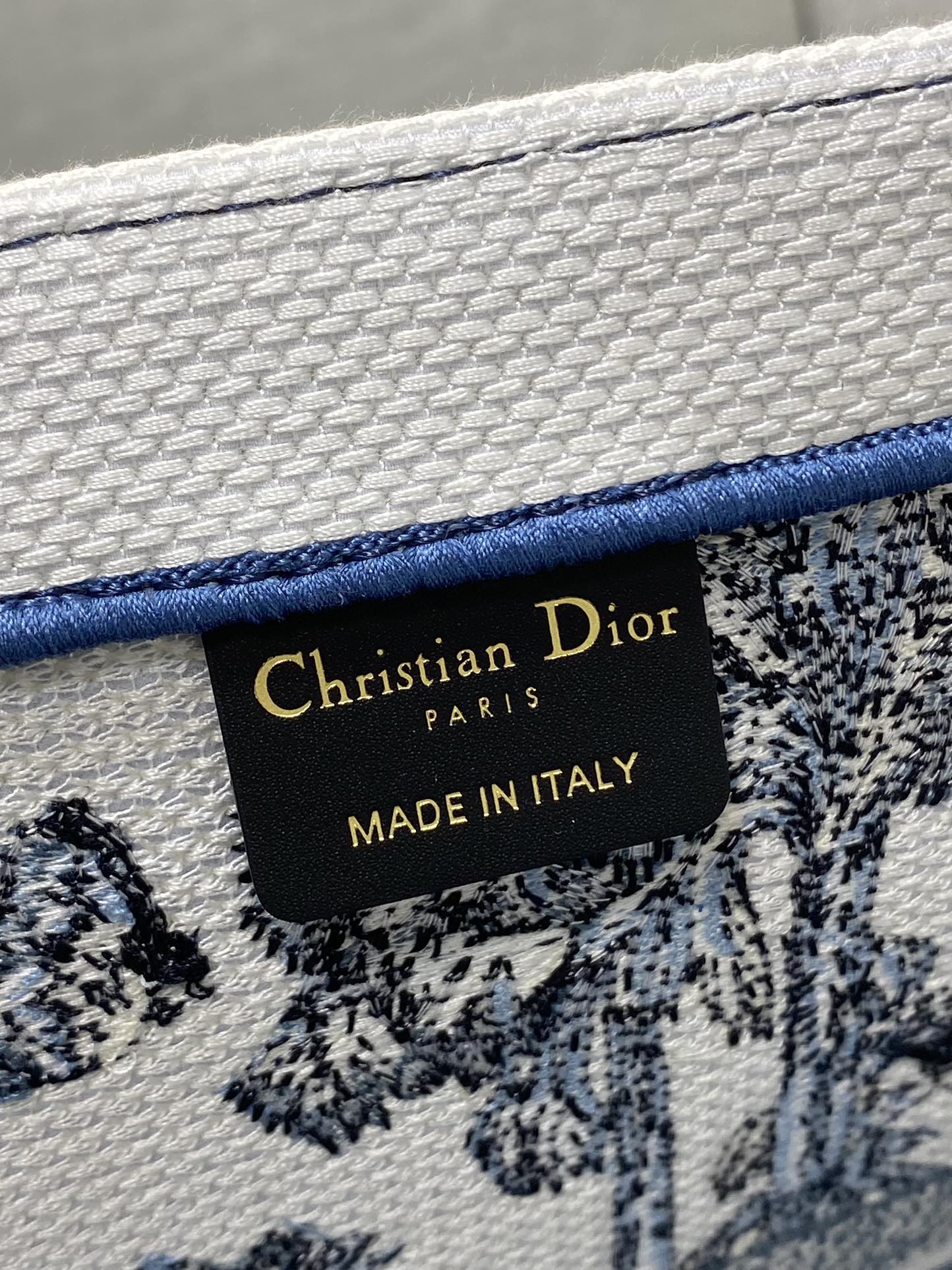 CD Large Dior Book Tote Tropical Pattern Slate Blue White Cotton