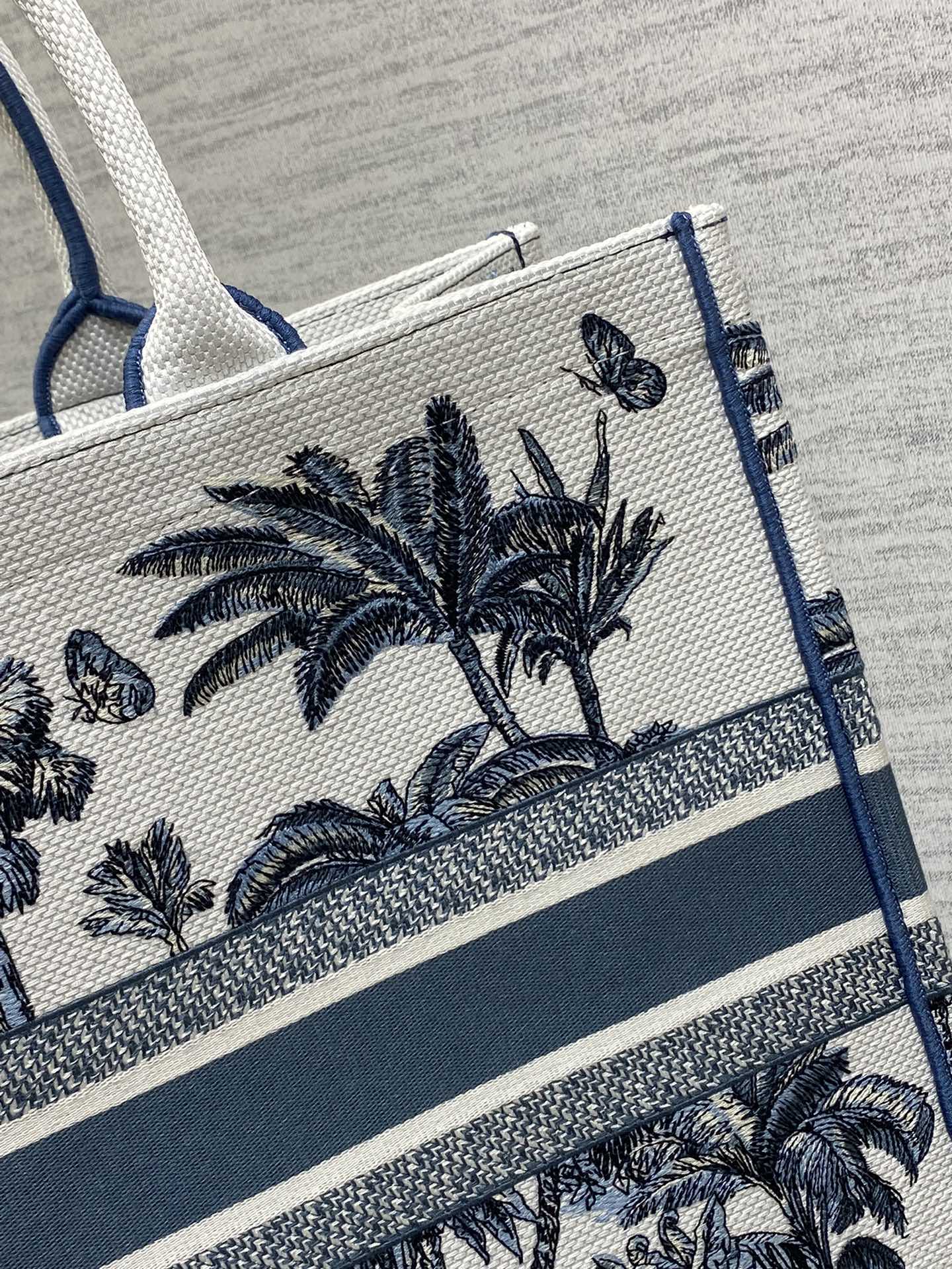 CD Large Dior Book Tote Tropical Pattern Slate Blue White Cotton