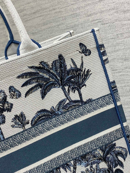 CD Large Dior Book Tote Tropical Pattern Slate Blue White Cotton
