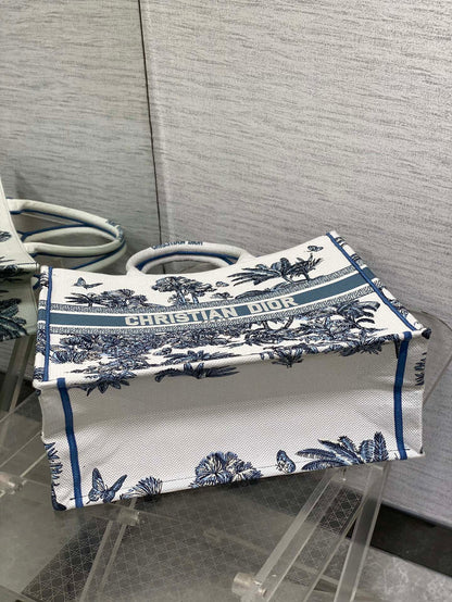 CD Large Dior Book Tote Tropical Pattern Slate Blue White Cotton