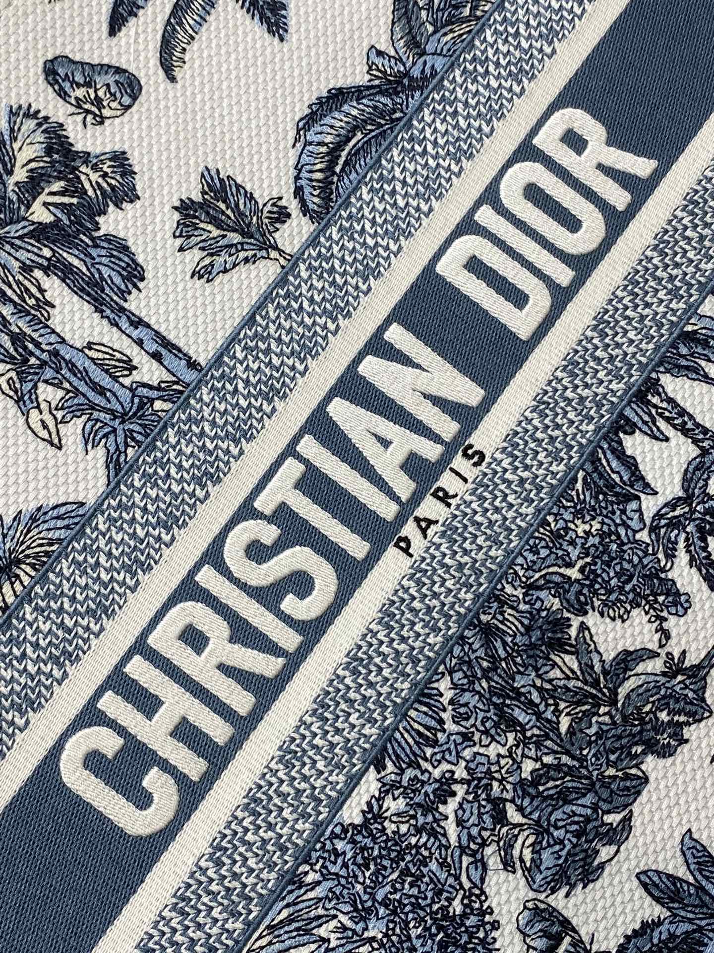 CD Large Dior Book Tote Tropical Pattern Slate Blue White Cotton