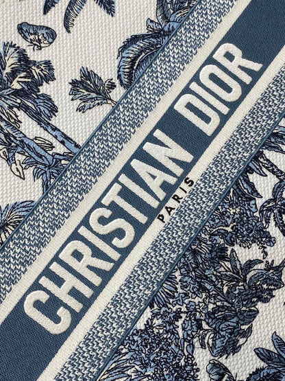 CD Large Dior Book Tote Tropical Pattern Slate Blue White Cotton