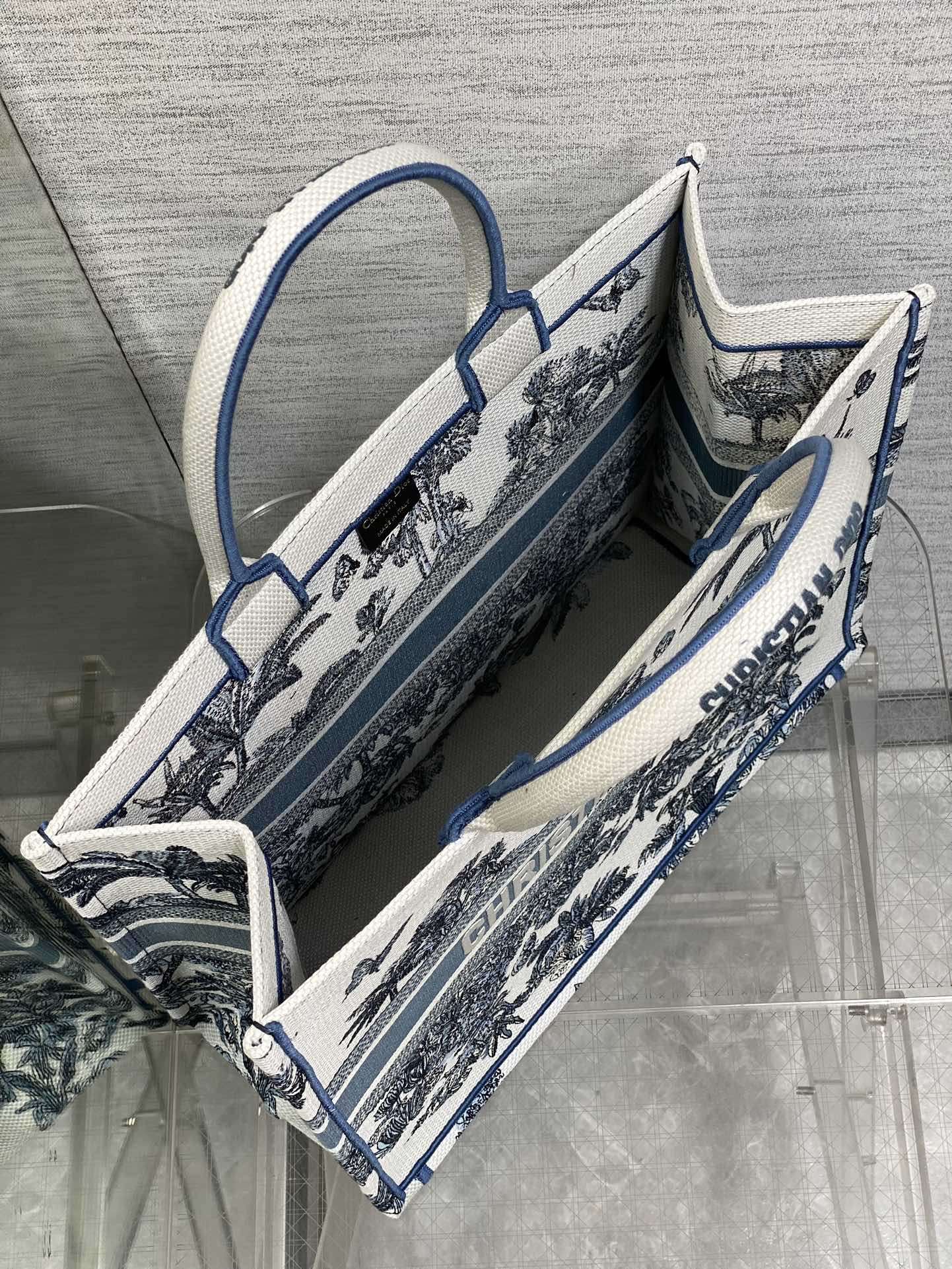 CD Large Dior Book Tote Tropical Pattern Slate Blue White Cotton