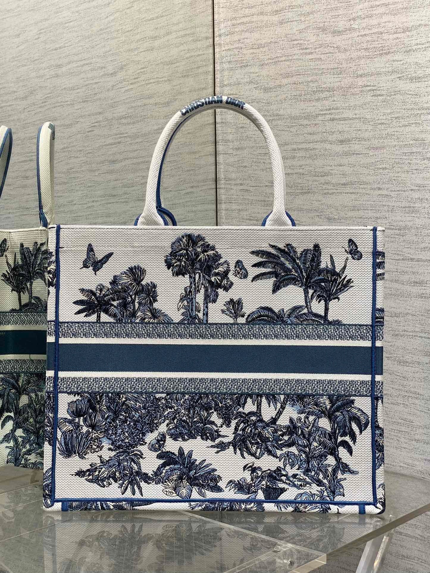 CD Large Dior Book Tote Tropical Pattern Slate Blue White Cotton