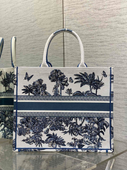 CD Large Dior Book Tote Tropical Pattern Slate Blue White Cotton