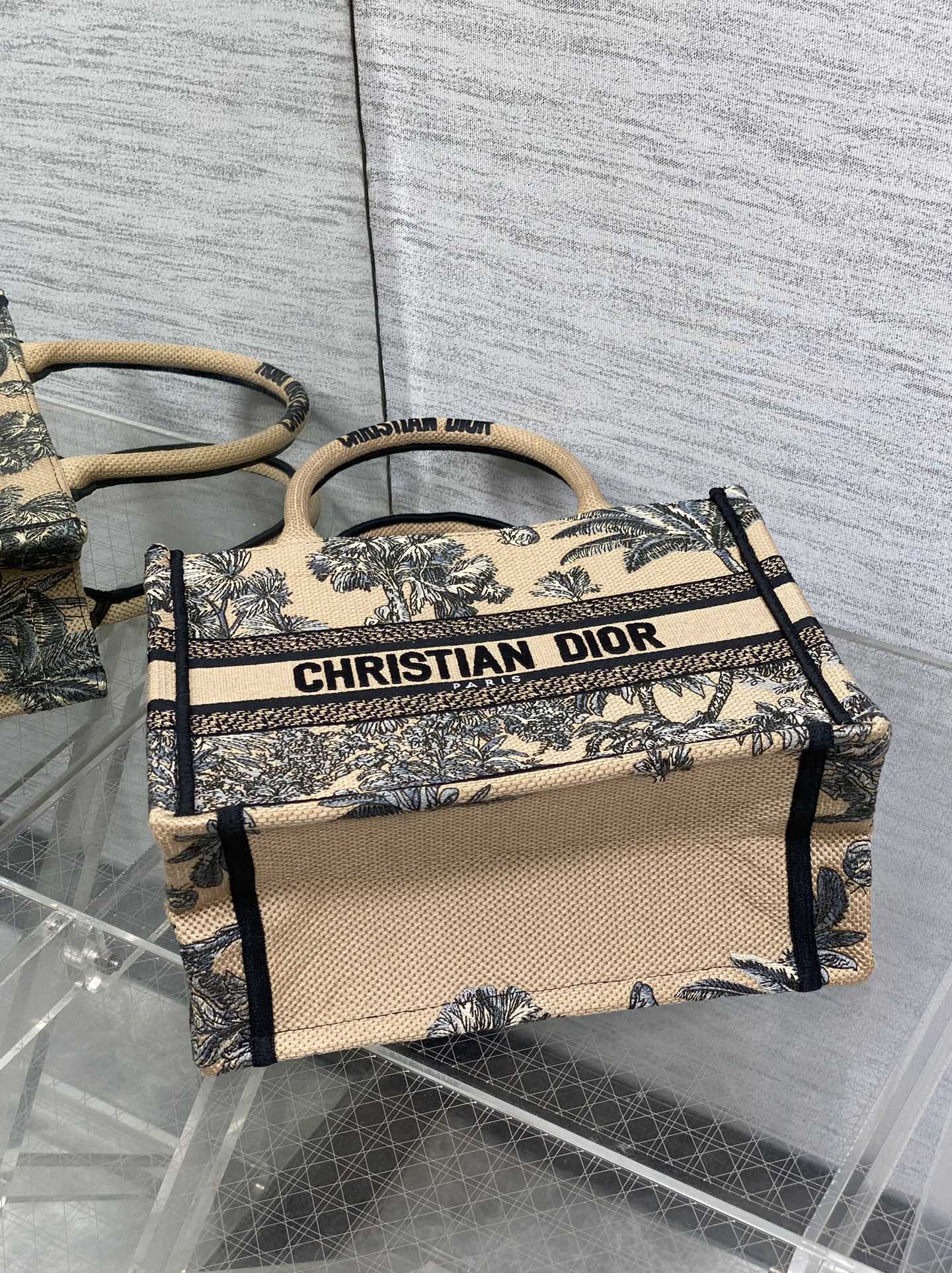 CD Small Dior Book Tote Tropical Pattern Black Beige Cotton