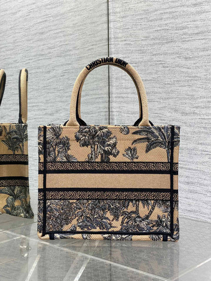 CD Small Dior Book Tote Tropical Pattern Black Beige Cotton