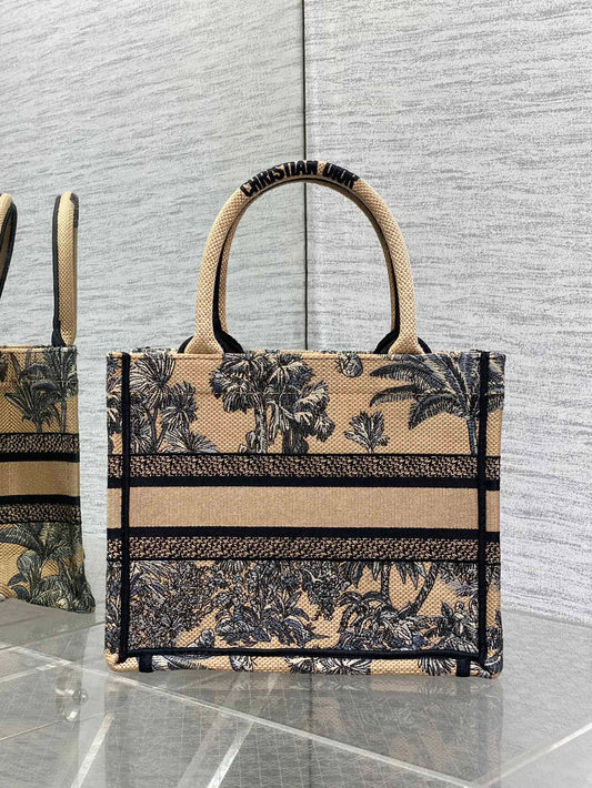 CD Small Dior Book Tote Tropical Pattern Black Beige Cotton