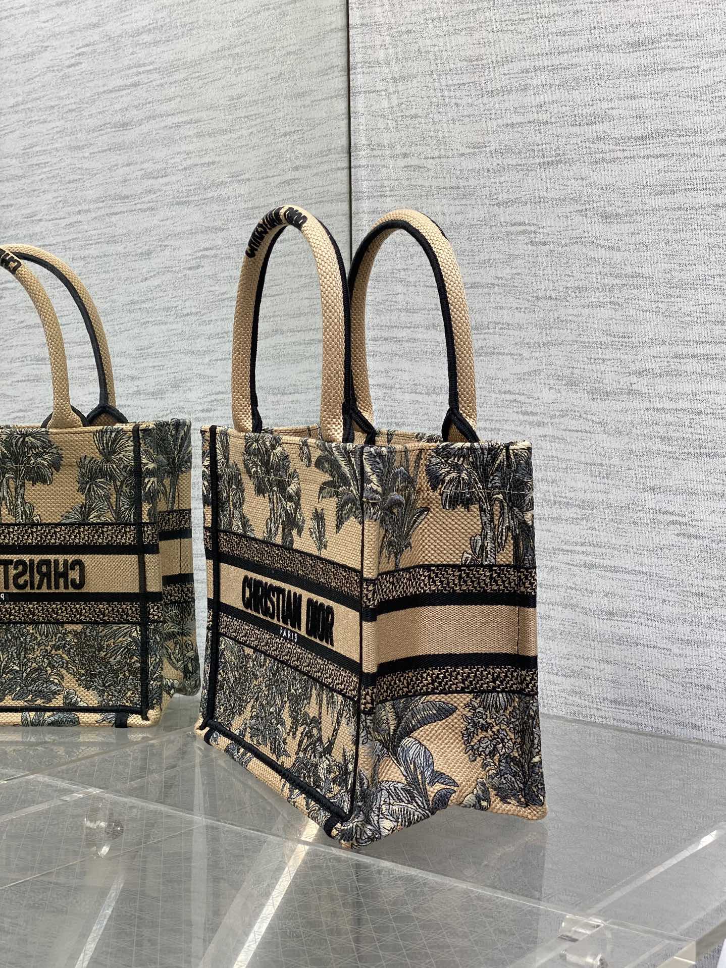 CD Small Dior Book Tote Tropical Pattern Black Beige Cotton