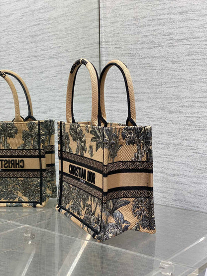 CD Small Dior Book Tote Tropical Pattern Black Beige Cotton