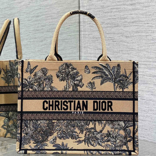 CD Medium Dior Book Tote Tropical Pattern Black Beige Cotton