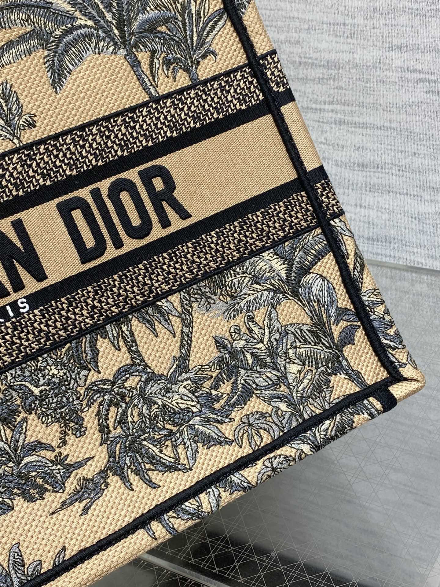 CD Medium Dior Book Tote Tropical Pattern Black Beige Cotton