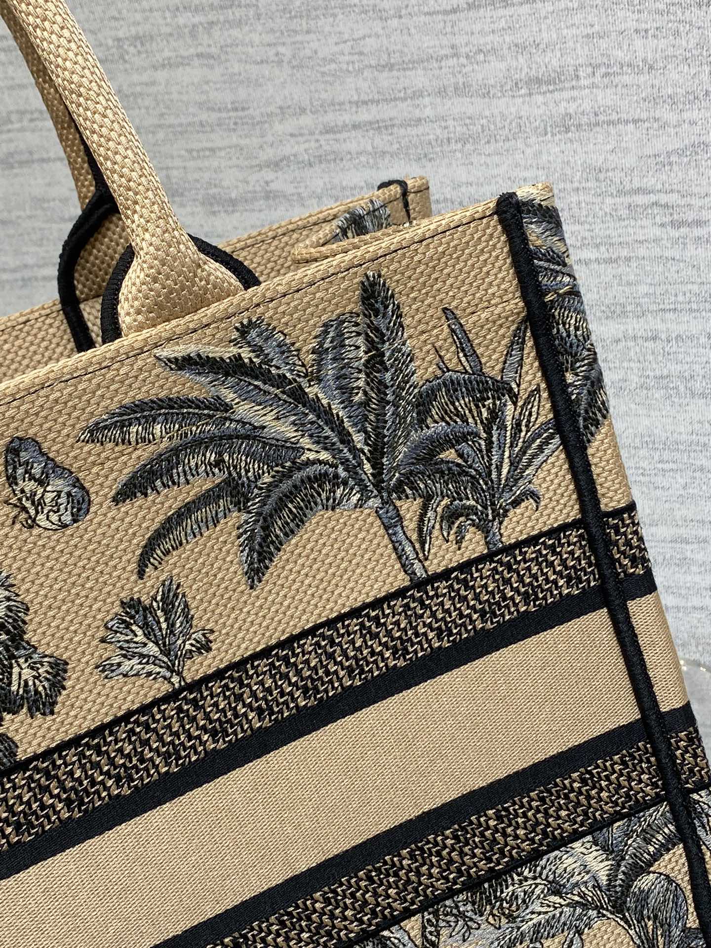 CD Medium Dior Book Tote Tropical Pattern Black Beige Cotton